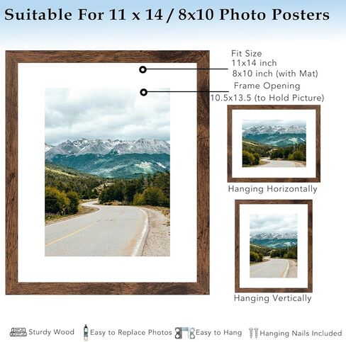 11x14 Picture Frame with 8x10 Mat Deep Brown, Display 8x10 with Mat or 11x14 Without Mat, Wood 11 by 14 Photo Frame, 11 x 14 Frame for Wall Hanging Display, Deep Brown in Kuwait