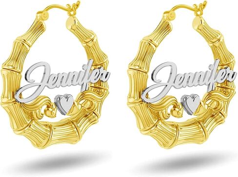 LeCalla 925 Sterling Silver Customized Bamboo Heart Hoop Earrings | Two Tone Bamboo Name Hoops Earrings for Women 30,40,50mm in Saudi Arabia
