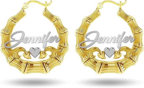 LeCalla 925 Sterling Silver Customized Bamboo Heart Hoop Earrings | Two Tone Bamboo Name Hoops Earrings for Women 30,40,50mm in Saudi Arabia