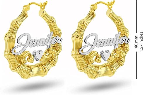 LeCalla 925 Sterling Silver Customized Bamboo Heart Hoop Earrings | Two Tone Bamboo Name Hoops Earrings for Women 30,40,50mm in Saudi Arabia