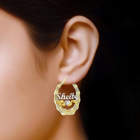LeCalla 925 Sterling Silver Customized Bamboo Heart Hoop Earrings | Two Tone Bamboo Name Hoops Earrings for Women 30,40,50mm in Saudi Arabia