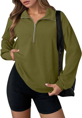 Anjikang Women's Oversized Half Zip Sweatshirt 2025 Fall Fashion Long Sleeve Pullover Top Lightweight Baggy Waffle Knit Shirt in Saudi Arabia