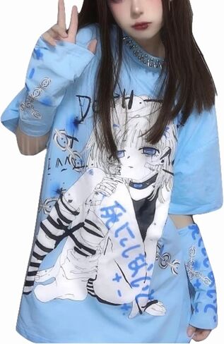 Women Y2k Anime T Shirt with Sleeve Cover Sweatshirt Grunge Japanese Aesthetic Dark Academia Alt Emo Harajuku Pullover in Saudi Arabia