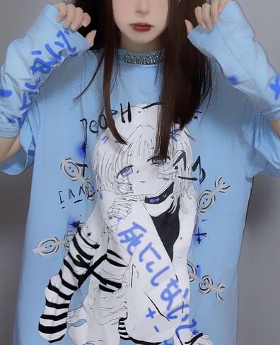 Women Y2k Anime T Shirt with Sleeve Cover Sweatshirt Grunge Japanese Aesthetic Dark Academia Alt Emo Harajuku Pullover in Saudi Arabia