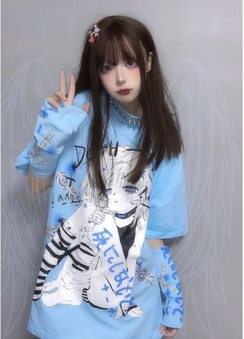 Women Y2k Anime T Shirt with Sleeve Cover Sweatshirt Grunge Japanese Aesthetic Dark Academia Alt Emo Harajuku Pullover in Saudi Arabia