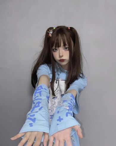 Women Y2k Anime T Shirt with Sleeve Cover Sweatshirt Grunge Japanese Aesthetic Dark Academia Alt Emo Harajuku Pullover in Saudi Arabia