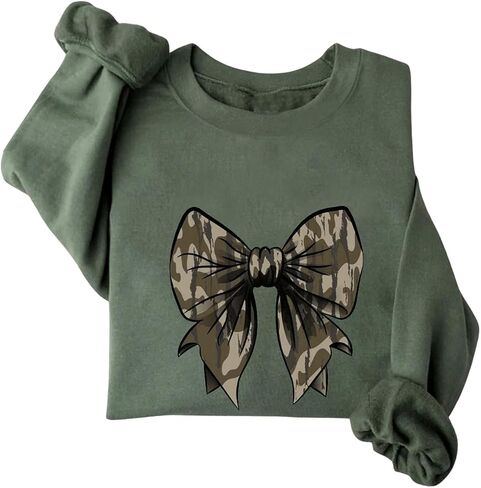 Women's Bow Camo Print Sweatshirt Long Sleeve Crew Neck Loose Cute Pullover Top in Saudi Arabia