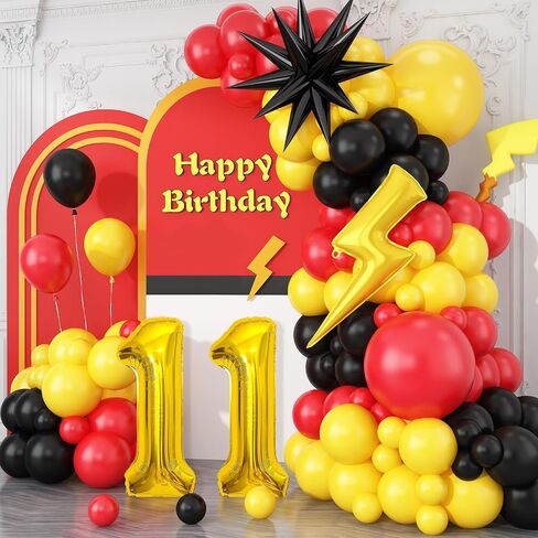 7th Birthday Red Black Yellow Balloons Arch Kit, Cartoon Theme with Number 7, Lightning Star Mylar Balloons for 7th Birthday Party in Kuwait