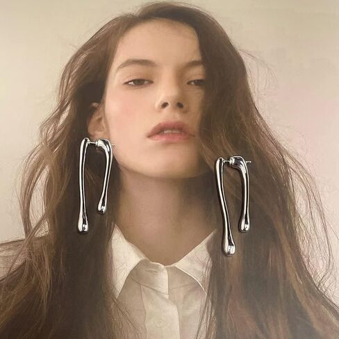 البسيط للدمعة الأمامية الأمامية المتدلية أقراط للنساء تصميم فريد من نوعه خط سميك فضي مطلي بالتدلي in Saudi Arabia