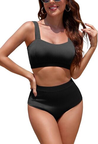 SHEKINI Women's Ribbed Color Block 2 Piece Swimsuits Sweetheart Neckline Swimwear High Waisted Bathing Suit in Saudi Arabia