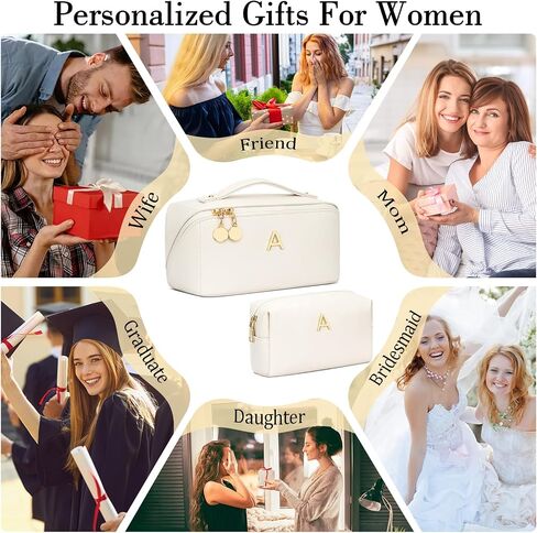 Birthday Gifts for Women Teen Girl, Personalized Initial Makeup Organizer Bag Set, Open Flat Travel Cosmetic Bag With Clear Divider and Handle(Beige,A) in Saudi Arabia