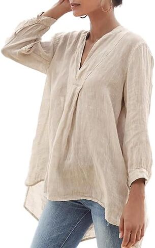 Summer V-Neck Linen Shirts for Women 3/4 Sleeve, Womens Flowy Cotton Linen Blouses Tops with Long Hem in Saudi Arabia