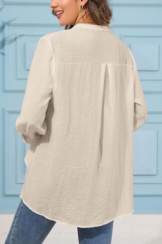 Summer V-Neck Linen Shirts for Women 3/4 Sleeve, Womens Flowy Cotton Linen Blouses Tops with Long Hem in Saudi Arabia