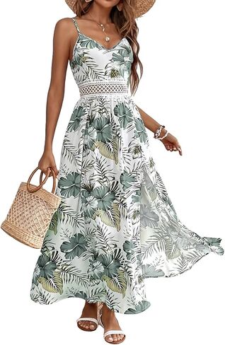 Women's Spaghetti Straps Floral Maxi Dress Boho Summer Sleeveless V-Neck Flowy Dress for Beach Hawaii Vacation in Kuwait