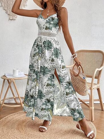 Women's Spaghetti Straps Floral Maxi Dress Boho Summer Sleeveless V-Neck Flowy Dress for Beach Hawaii Vacation in Kuwait