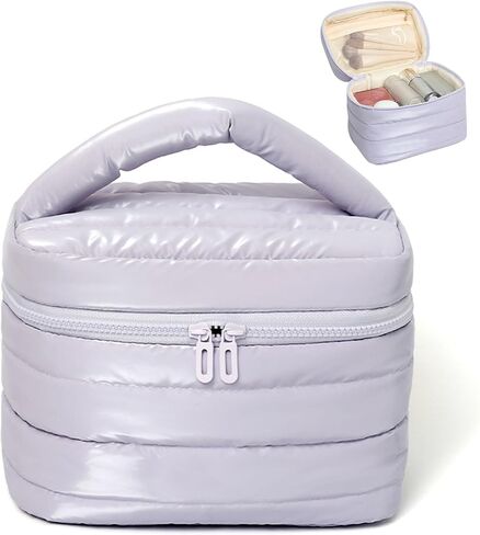 حقيبة ماكياج السفر المنتفخة للنساء منظم مكياج مضاد للماء مع جيوب مدمجة كيس مستحضرات تجميلية قابلة للطي لأساسيات السفر (الوردي) in Kuwait