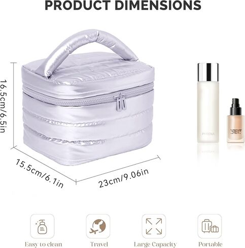 حقيبة ماكياج السفر المنتفخة للنساء منظم مكياج مضاد للماء مع جيوب مدمجة كيس مستحضرات تجميلية قابلة للطي لأساسيات السفر (الوردي) in Kuwait