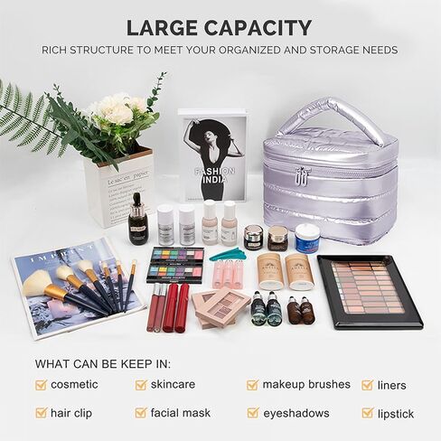 حقيبة ماكياج السفر المنتفخة للنساء منظم مكياج مضاد للماء مع جيوب مدمجة كيس مستحضرات تجميلية قابلة للطي لأساسيات السفر (الوردي) in Kuwait