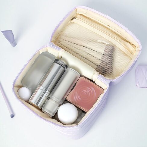 حقيبة ماكياج السفر المنتفخة للنساء منظم مكياج مضاد للماء مع جيوب مدمجة كيس مستحضرات تجميلية قابلة للطي لأساسيات السفر (الوردي) in Kuwait