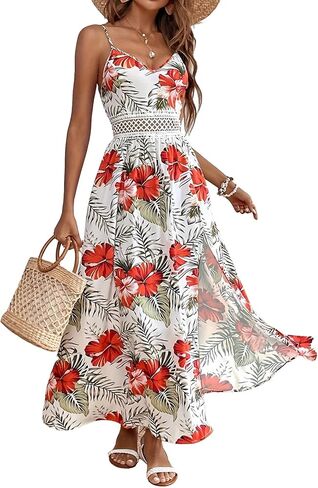 Women's Spaghetti Straps Floral Maxi Dress Boho Summer Sleeveless V-Neck Flowy Dress for Beach Hawaii Vacation in Kuwait