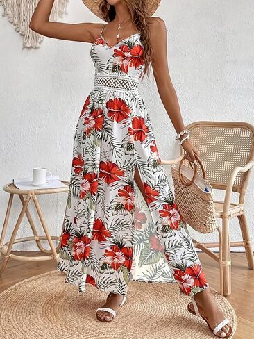 Women's Spaghetti Straps Floral Maxi Dress Boho Summer Sleeveless V-Neck Flowy Dress for Beach Hawaii Vacation in Kuwait