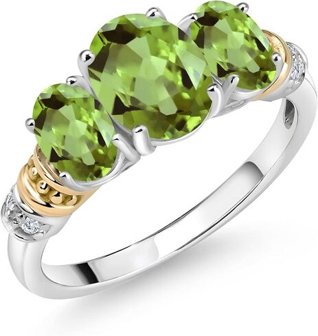 Gem Stone King 925 Sterling Silver و 10K Gold Gold Peridot Green Green Peridot و White Diamond 3 Stone Ring للنساء (2.45 CTTW ، Gemstone August Birthstone ، متوفر في الحجم 5 ، 6 ، 7 ، 8 ، 9) in Saudi Arabia