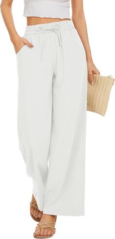 Women Summer Pants Flowy Pants Drawstring Waist Wide Leg Palazzo Beach Pants Loose Fit with Pockets in Saudi Arabia