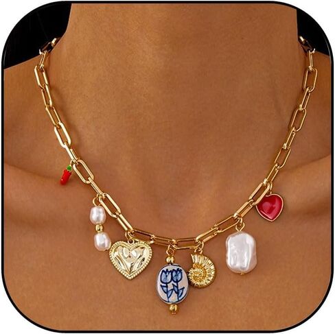 Gold Charm Necklace for Women Summer Charm Necklace Trendy Heart Pearl Flower Conch Pepper Pendant Necklace Paper Clip Choker Necklace Beach Jewelry Gifts in Saudi Arabia