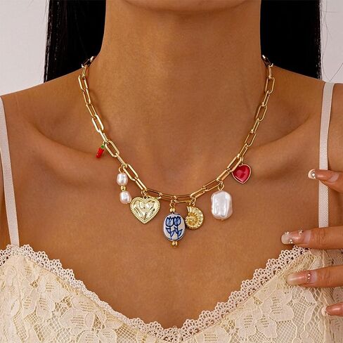 Gold Charm Necklace for Women Summer Charm Necklace Trendy Heart Pearl Flower Conch Pepper Pendant Necklace Paper Clip Choker Necklace Beach Jewelry Gifts in Saudi Arabia