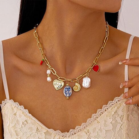 Gold Charm Necklace for Women Summer Charm Necklace Trendy Heart Pearl Flower Conch Pepper Pendant Necklace Paper Clip Choker Necklace Beach Jewelry Gifts in Saudi Arabia