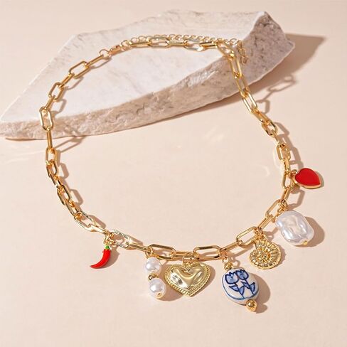 Gold Charm Necklace for Women Summer Charm Necklace Trendy Heart Pearl Flower Conch Pepper Pendant Necklace Paper Clip Choker Necklace Beach Jewelry Gifts in Saudi Arabia