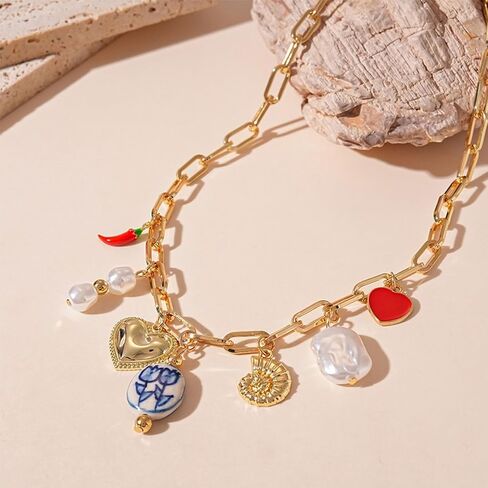 Gold Charm Necklace for Women Summer Charm Necklace Trendy Heart Pearl Flower Conch Pepper Pendant Necklace Paper Clip Choker Necklace Beach Jewelry Gifts in Saudi Arabia