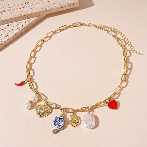 Gold Charm Necklace for Women Summer Charm Necklace Trendy Heart Pearl Flower Conch Pepper Pendant Necklace Paper Clip Choker Necklace Beach Jewelry Gifts in Saudi Arabia