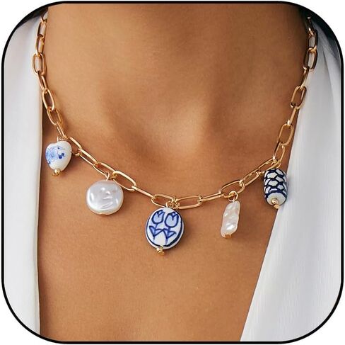 Gold Charm Necklace for Women Summer Charm Necklace Trendy Heart Pearl Flower Conch Pepper Pendant Necklace Paper Clip Choker Necklace Beach Jewelry Gifts in Saudi Arabia