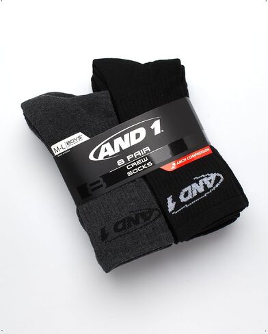 AND1 Boys' Crew Socks - 16 Pack Soft Athletic Mid Calf Socks for Boys - Boys Cushioned Sports Crew Socks (S-L) in Kuwait
