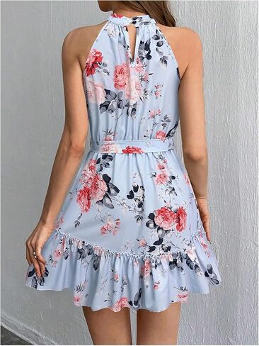 SOLY HUX Women's Elegant Floral Print Halter Dress Sleeveless Ruffle A Line Flowy Mini Dresses with Belt in Saudi Arabia