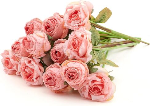 روز زهرة الاصطناعية 12pcs واقعية فو فو الحرير الورود مزيفة باقات الزهور ترتيبات ديكور لعيد الزفاف الربيع الأم ، زينة الطاولة المنزلية ، زهرة وردية in Kuwait