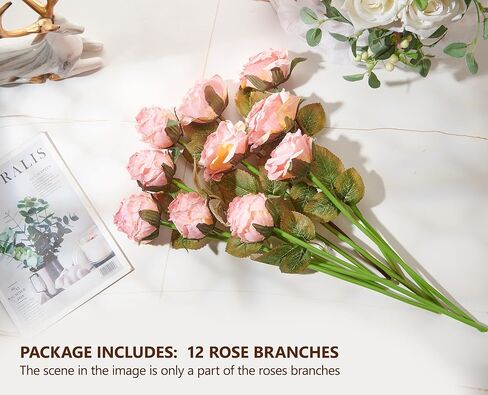 روز زهرة الاصطناعية 12pcs واقعية فو فو الحرير الورود مزيفة باقات الزهور ترتيبات ديكور لعيد الزفاف الربيع الأم ، زينة الطاولة المنزلية ، زهرة وردية in Kuwait