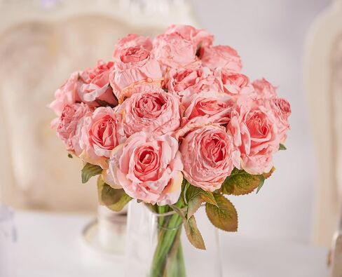 روز زهرة الاصطناعية 12pcs واقعية فو فو الحرير الورود مزيفة باقات الزهور ترتيبات ديكور لعيد الزفاف الربيع الأم ، زينة الطاولة المنزلية ، زهرة وردية in Kuwait