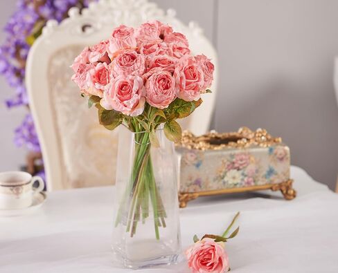 روز زهرة الاصطناعية 12pcs واقعية فو فو الحرير الورود مزيفة باقات الزهور ترتيبات ديكور لعيد الزفاف الربيع الأم ، زينة الطاولة المنزلية ، زهرة وردية in Kuwait