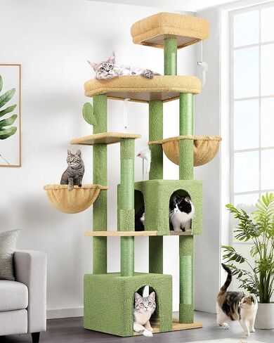 W66 TREE TREE TALL 66 بوصة برج القط الحديث للقطط الداخلية جمالية شجرة القط مع 4 وظائف الخدش ، 5 وسائد قابلة للإزالة قابلة للغسل ، أثاث القط in Kuwait