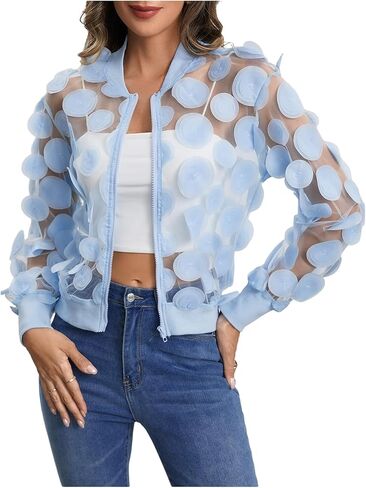Floerns Women's Sheer Mesh Zip Up Bomber Jacket Long Sleeve Baseball Collar Outwear Tops in Kuwait