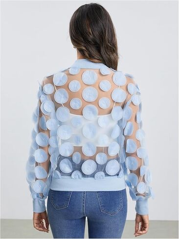 Floerns Women's Sheer Mesh Zip Up Bomber Jacket Long Sleeve Baseball Collar Outwear Tops in Kuwait