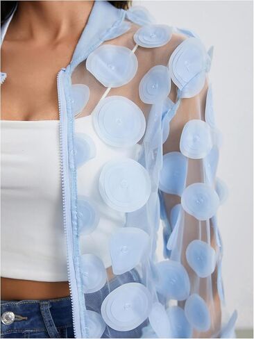 Floerns Women's Sheer Mesh Zip Up Bomber Jacket Long Sleeve Baseball Collar Outwear Tops in Kuwait