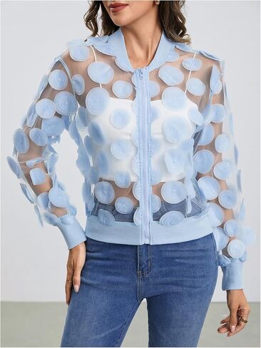 Floerns Women's Sheer Mesh Zip Up Bomber Jacket Long Sleeve Baseball Collar Outwear Tops in Kuwait