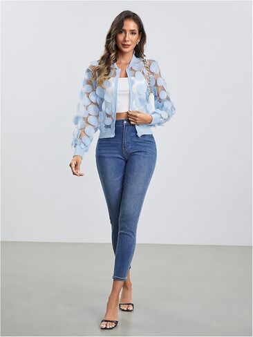 Floerns Women's Sheer Mesh Zip Up Bomber Jacket Long Sleeve Baseball Collar Outwear Tops in Kuwait