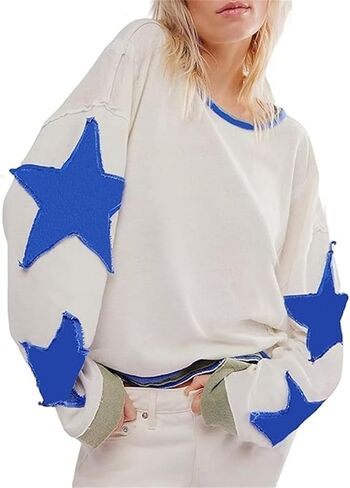 crazynekos Women's Oversized Star Sweatshirts Fashion Long Sleeve Crewneck Drop Shoulder Vintage Graphic Tops in Saudi Arabia