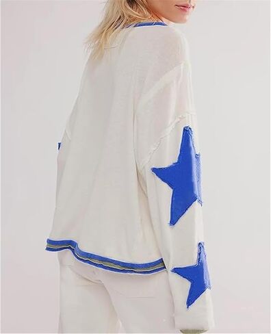crazynekos Women's Oversized Star Sweatshirts Fashion Long Sleeve Crewneck Drop Shoulder Vintage Graphic Tops in Saudi Arabia