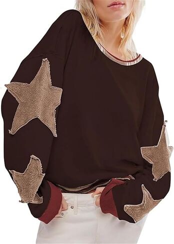 crazynekos Women's Oversized Star Sweatshirts Fashion Long Sleeve Crewneck Drop Shoulder Vintage Graphic Tops in Saudi Arabia