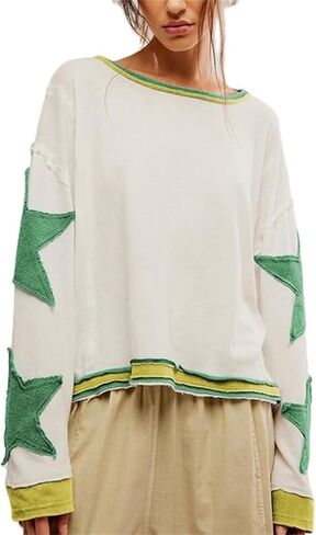 crazynekos Women's Oversized Star Sweatshirts Fashion Long Sleeve Crewneck Drop Shoulder Vintage Graphic Tops in Saudi Arabia